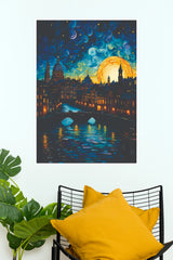 Starry Night European Skyline Wall Art – Impressionist Bridge & River Paper Poster(Moon Light Sky Poster)