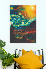 Fiery Starry Night Mountain Wall Art – Expressionist Swirling Sky Paper Poster(Moon Light Sky Poster)