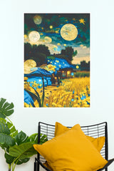 Dreamy Moonlit Cottage Fantasy Landscape Poster – Starry Night Wall Art(Moon Light Sky Poster)