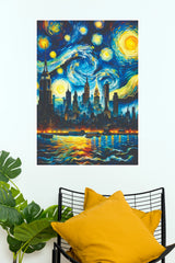 New York City Starry Night Skyline Poster | Abstract City Wall Art(Moon Light Sky Poster)