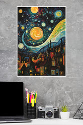 Starry Night in The City Poster | Moon Light Sky Posters