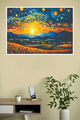 Golden Sunset Starry Landscape Wall Art Poster(Moon Light Sky Poster)