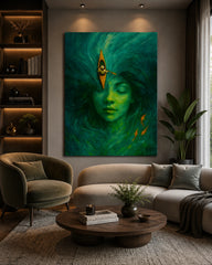 Emerald Dreamscape Surreal Woman & Kayak Canvas Wall Poster  Abstract Nature Artwork