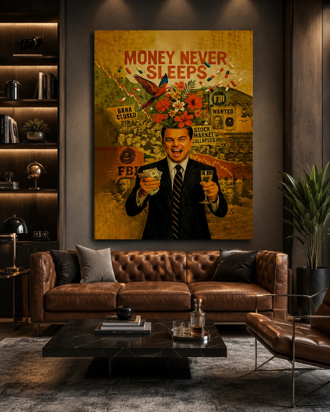 Money Never Sleeps Canvas Wall Art – Wealth &amp; Success Motivational Poster