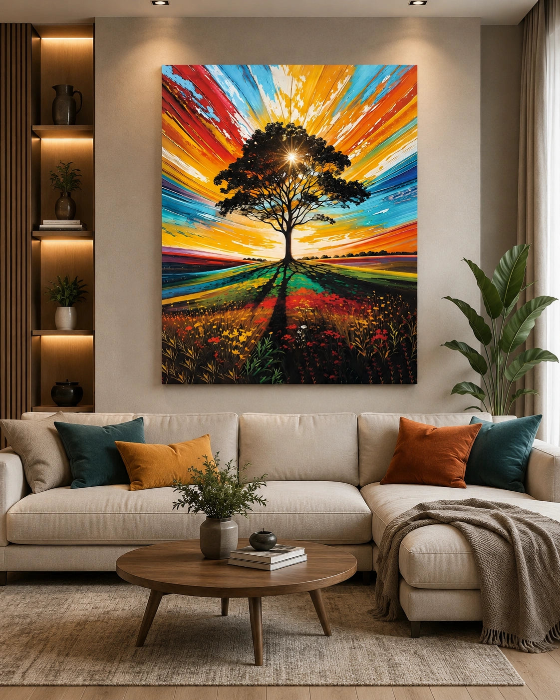 Radiant Tree of Life Canvas Wall Art – Colorful Nature Landscape Poster