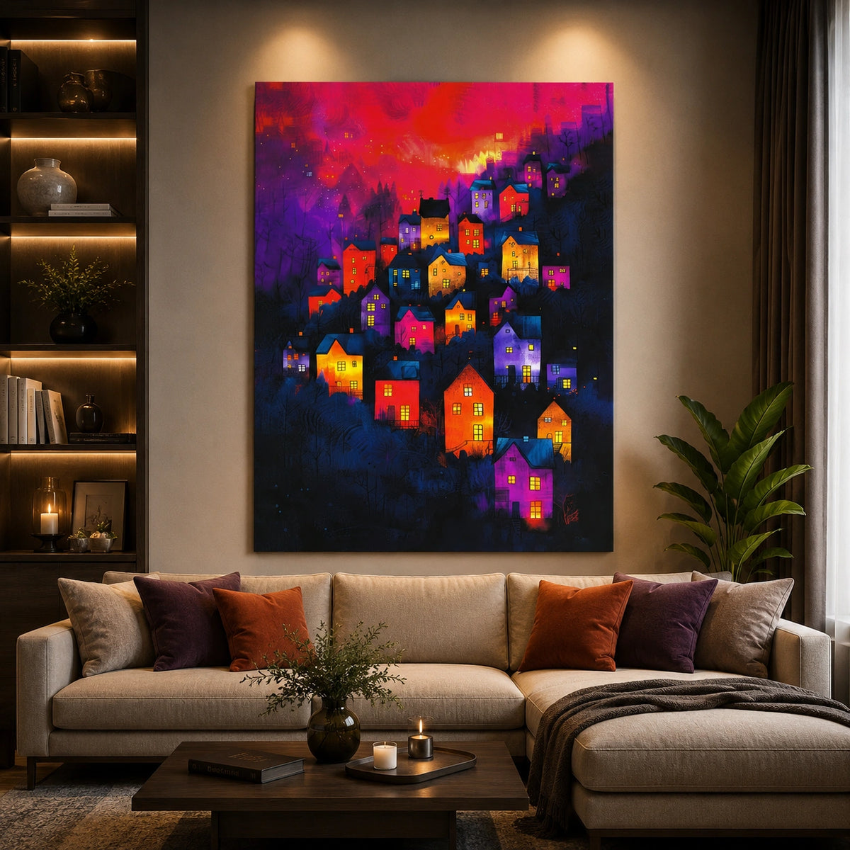 Twilight Glow Village Canvas Wall Art – Colorful Dreamscape Landscape Poster