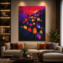 Twilight Glow Village Canvas Wall Art – Colorful Dreamscape Landscape Poster