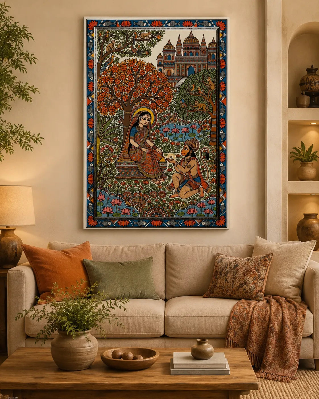 Divine Ram Darbar Madhubani Art Wall Poster  Ram, Sita & Hanuman Canvas Print