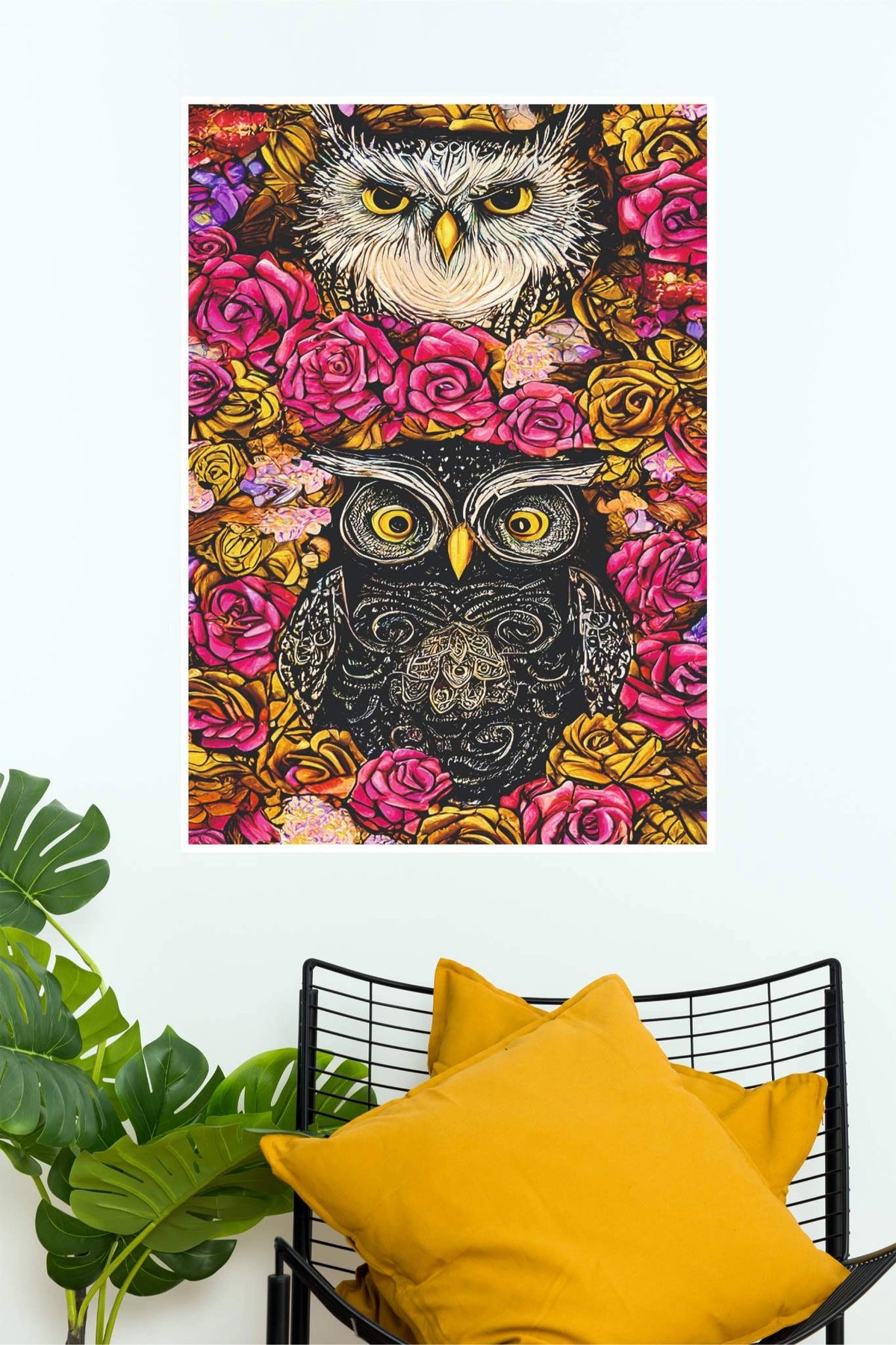 Floral Twin Owl Wall Art Poster | Colorful Owl & Roses Art Print Animal Posters