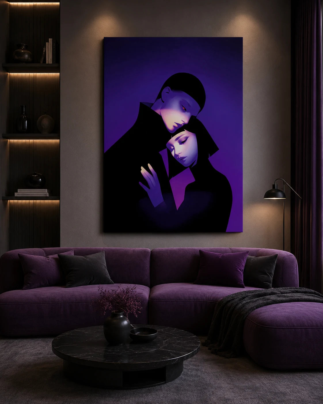 Eternal Embrace Minimalist Couple Canvas Wall Art  Purple Aesthetic Love Painting