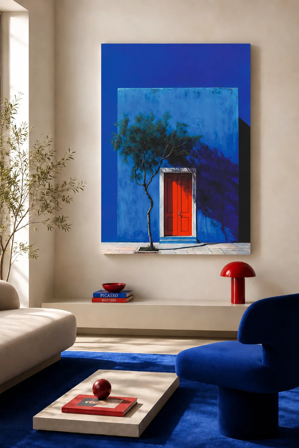 Mystic Red Door Canvas Wall Art – Blue Abstract Tree & Door Paintin