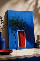 Mystic Red Door Canvas Wall Art – Blue Abstract Tree & Door Painting
