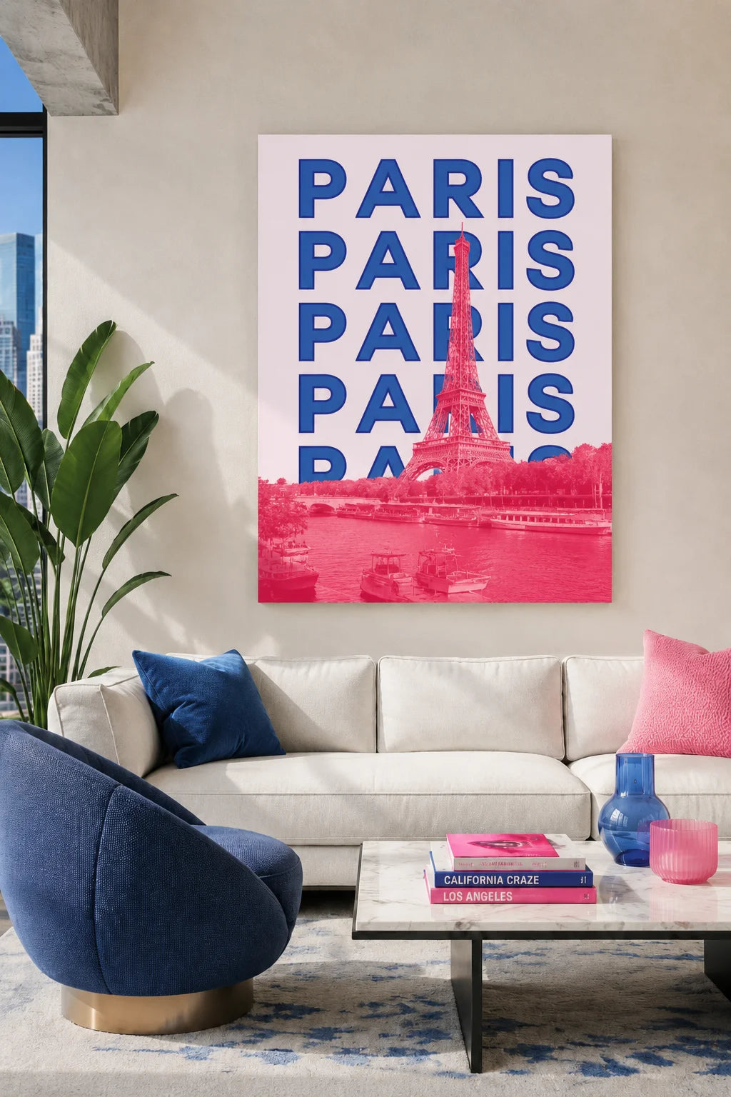 Paris Eiffel Tower Pink & Blue Canvas Wall Poster