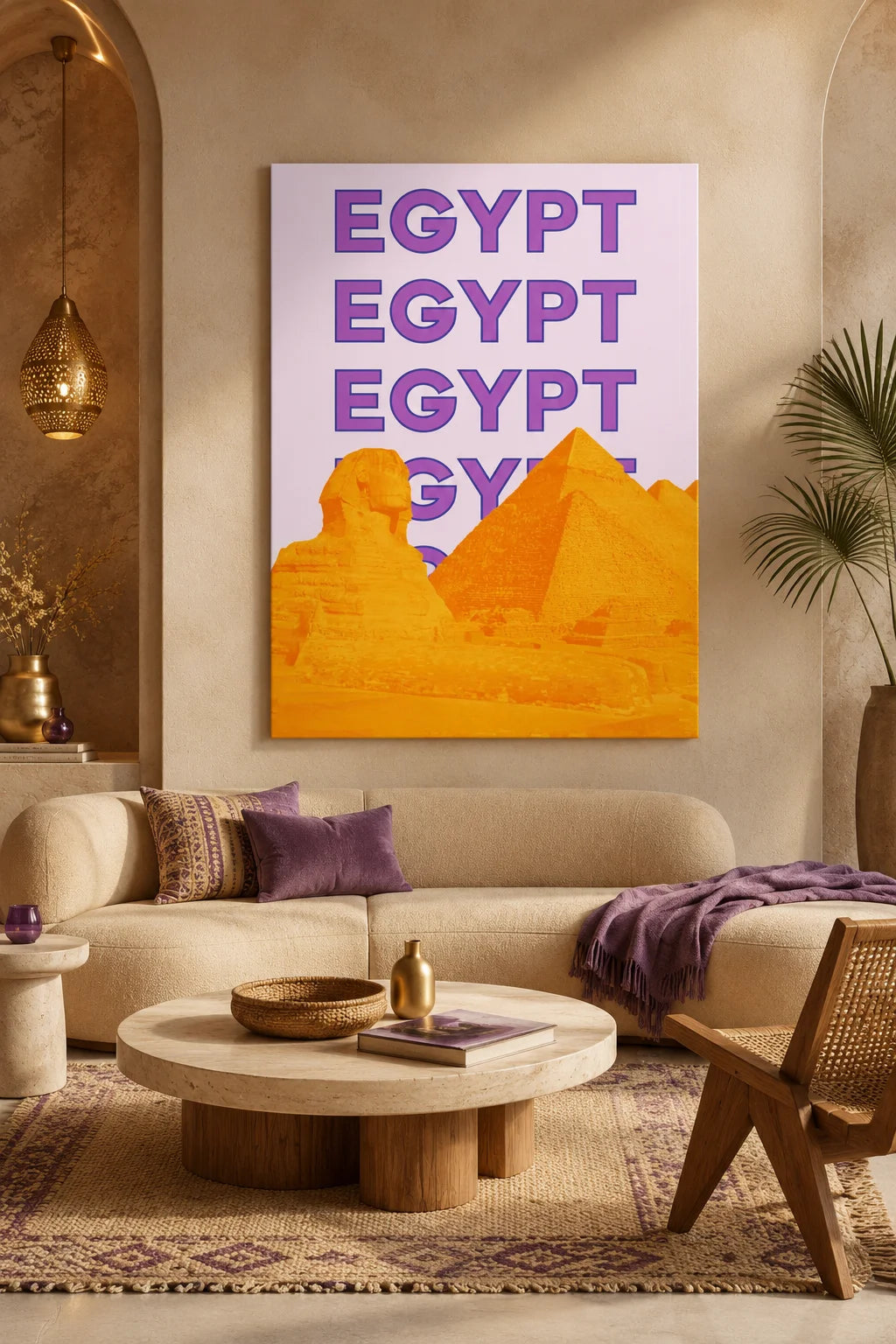 Egypt Pyramids & Sphinx Modern Canvas Wall Art - Bold Purple & Yellow Pop Art Travel Poster