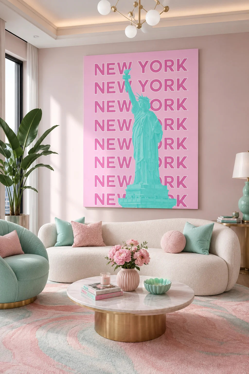 New York Statue of Liberty Canvas Wall Art - Modern Pink & Mint Green Pop Art Travel Poster