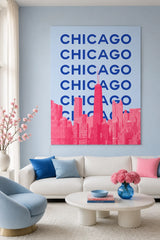 Chicago Skyline Modern Canvas Wall Art - Bold Pink & Blue Pop Art City Print
