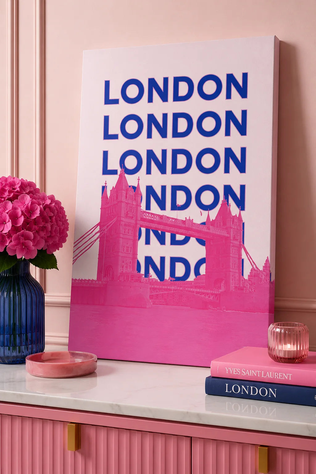 London Tower Bridge Canvas Wall Art - Modern Pink & Royal Blue Pop Art City Print