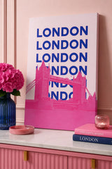 London Tower Bridge Canvas Wall Art - Modern Pink & Royal Blue Pop Art City Print