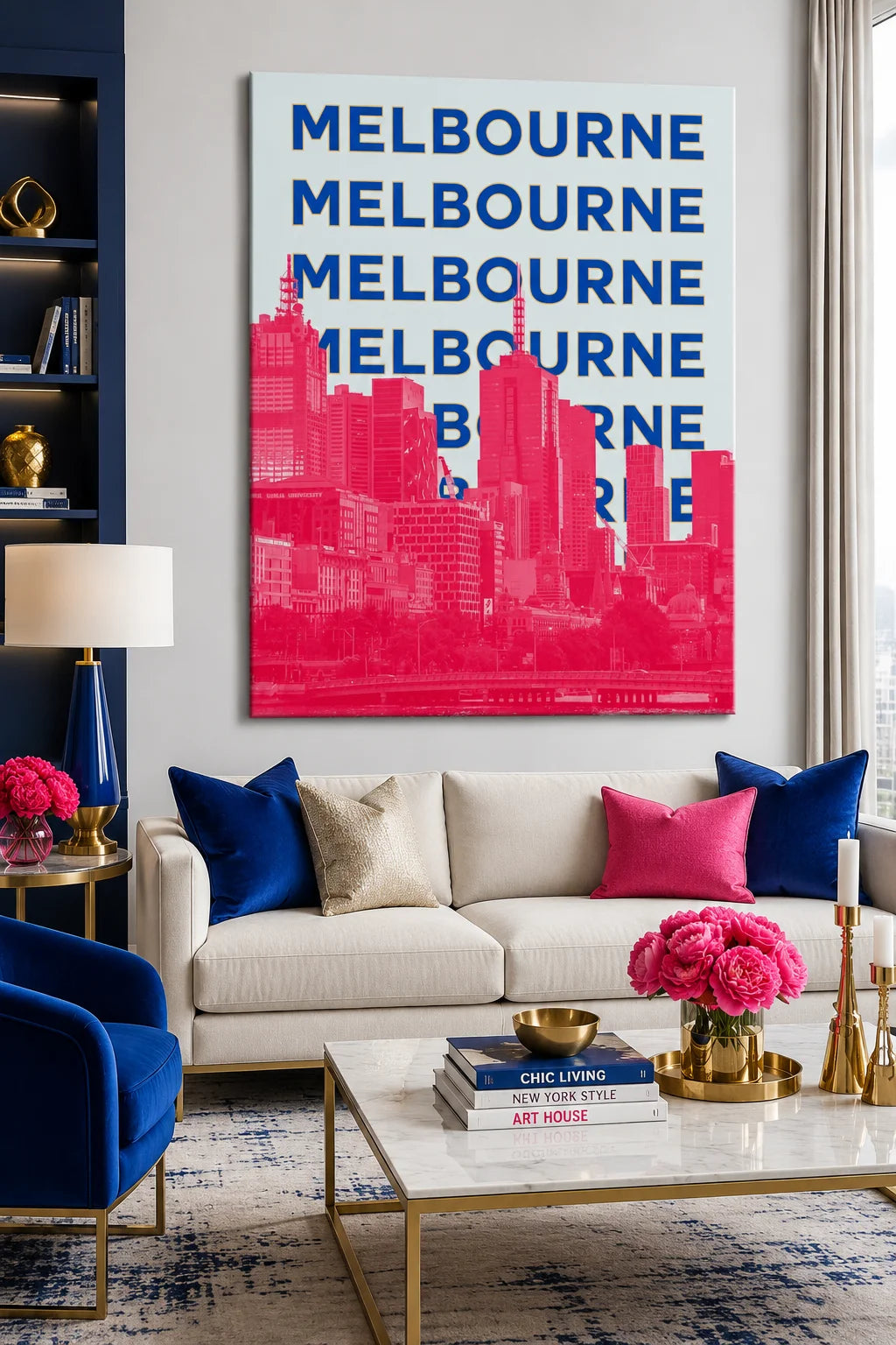 Melbourne City Skyline Canvas Wall Art - Modern Pink & Royal Blue Pop Art Travel Poster