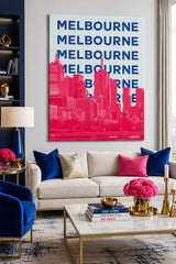 Melbourne City Skyline Canvas Wall Art - Modern Pink & Royal Blue Pop Art Travel Poster