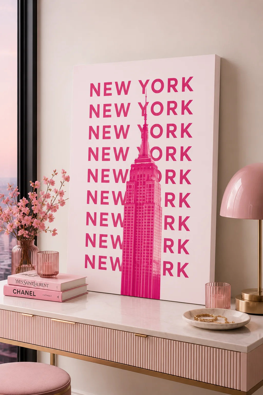 New York Empire State Building Canvas Wall Art - Modern Hot Pink Pop Art City Print