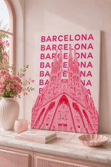 Barcelona Sagrada Familia Canvas Wall Art - Modern Pink Pop Art Travel Poster