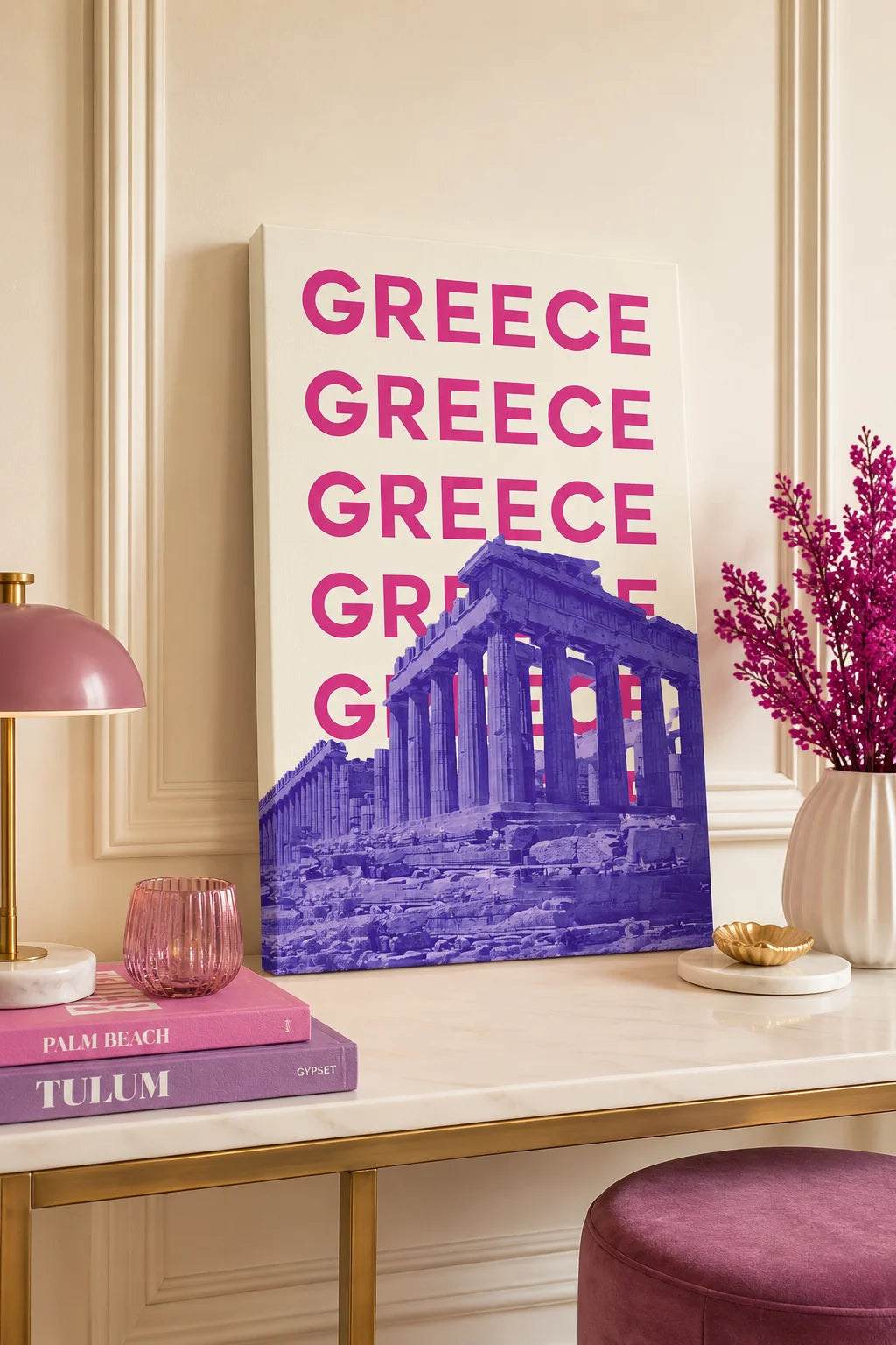 Greece Parthenon Acropolis Canvas Wall Art - Modern Purple & Pink Pop Art Travel Poster