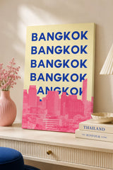 Bangkok Skyline Canvas Wall Art - Modern Pink & Royal Blue Pop Art Travel Poster