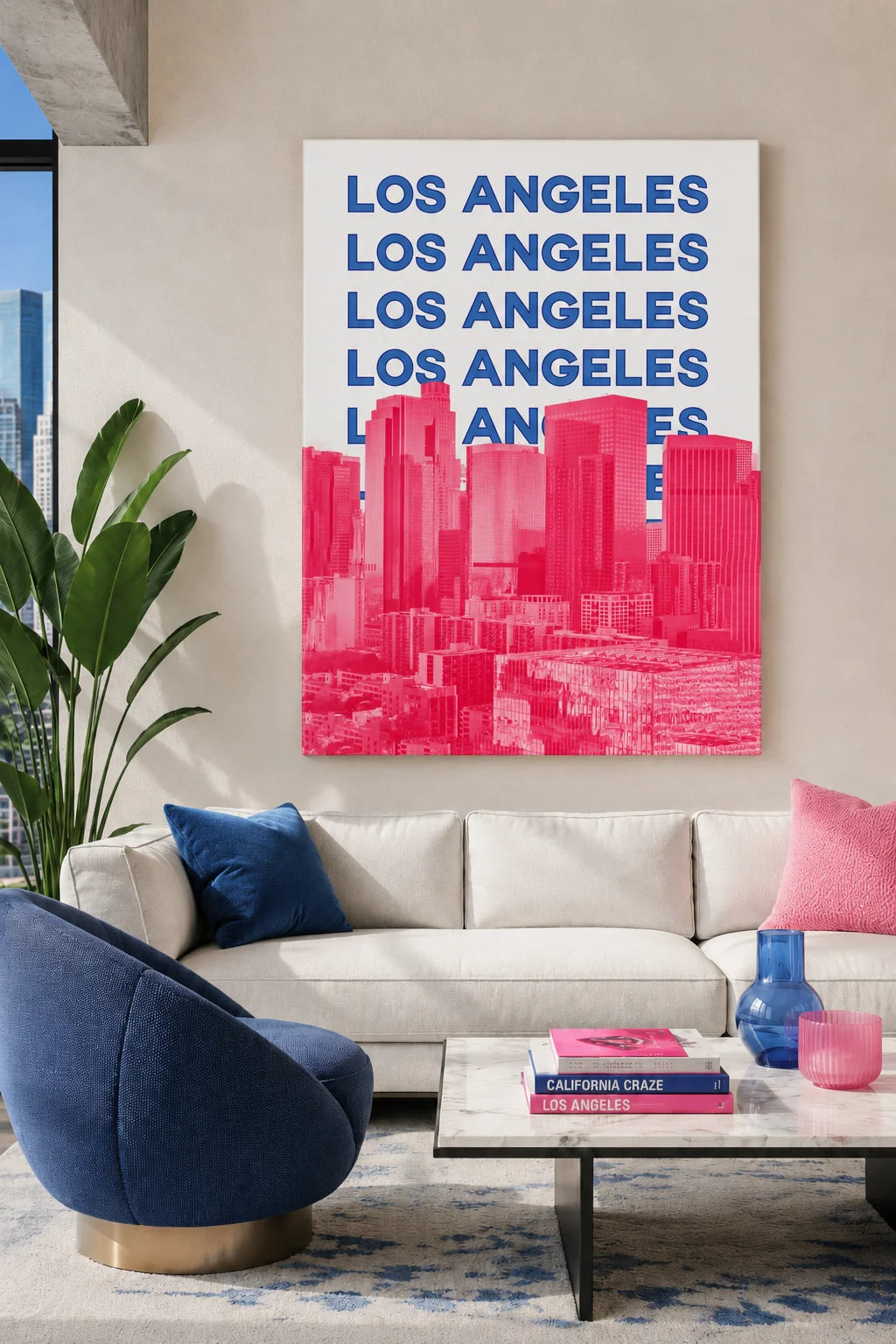Los Angeles Skyline Canvas Wall Art - Modern Hot Pink & Royal Blue Pop Art City Print