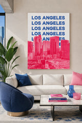 Los Angeles Skyline Canvas Wall Art - Modern Hot Pink & Royal Blue Pop Art City Print