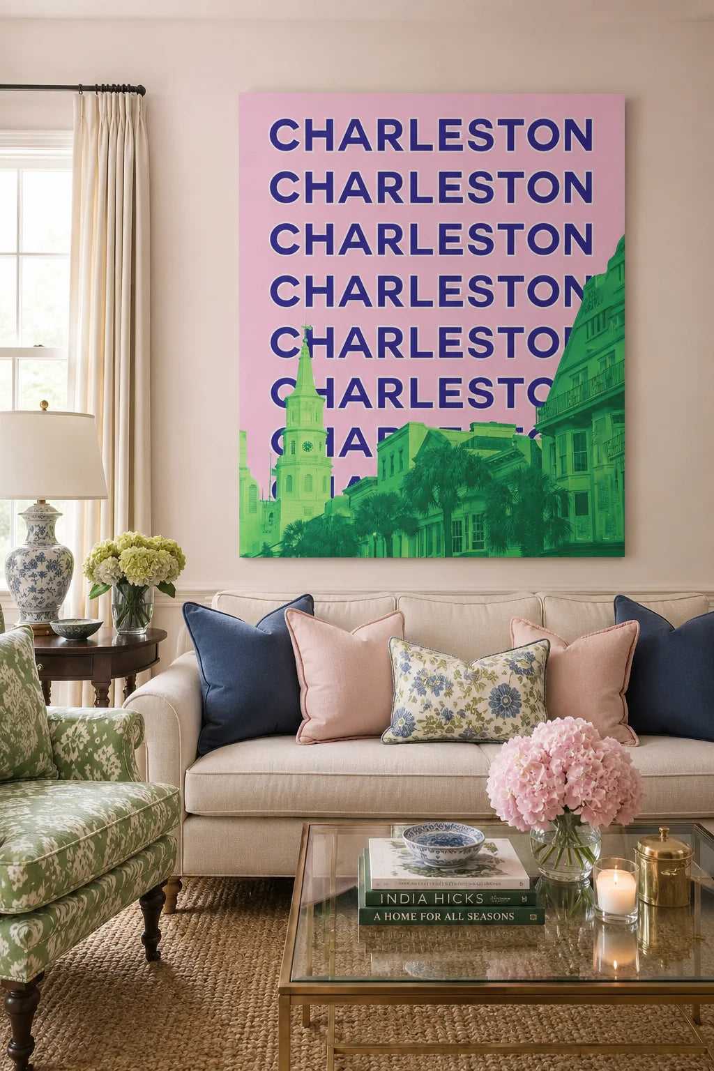 Charleston Architecture Canvas Wall Art - Modern Emerald Green & Pink Pop Art Travel Poster