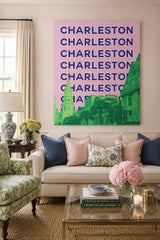 Charleston Architecture Canvas Wall Art - Modern Emerald Green & Pink Pop Art Travel Poster