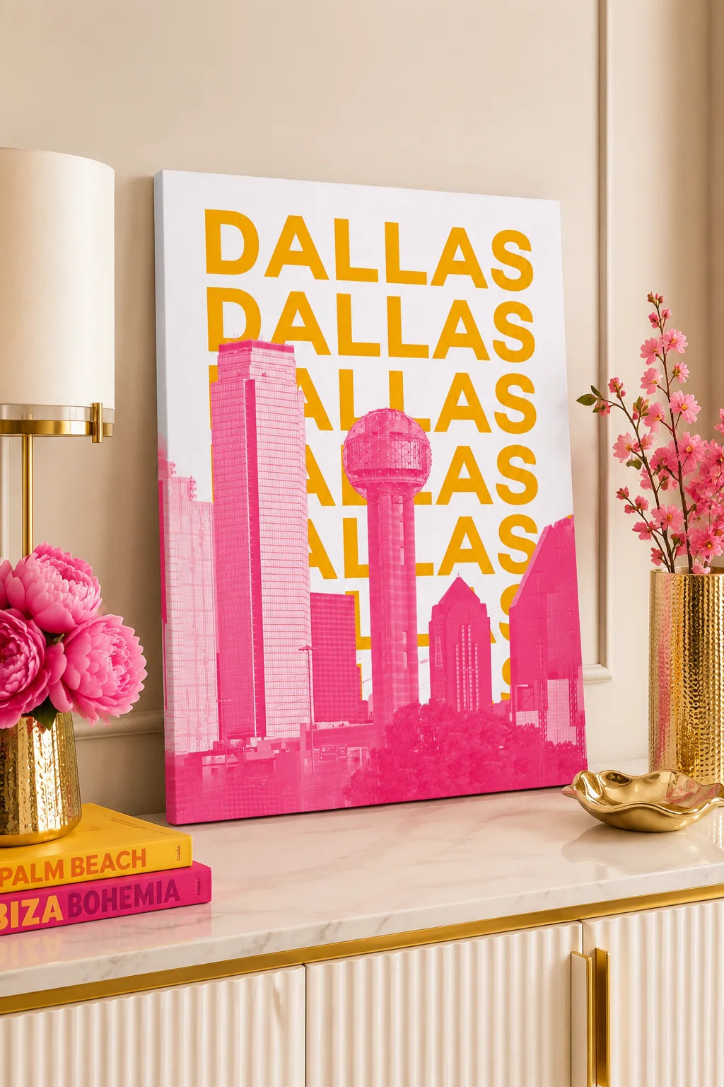 Dallas Skyline Canvas Wall Art - Modern Hot Pink & Yellow Pop Art City Print