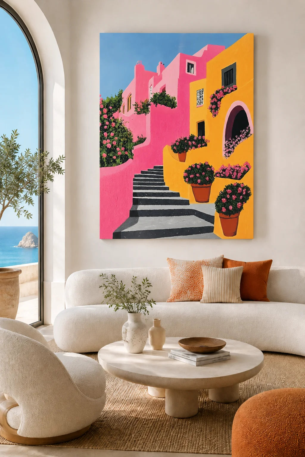 Mediterranean Village Street Canvas Wall Art - Modern Pink & Yellow Amalfi Coastal Travel Poster