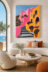 Mediterranean Village Street Canvas Wall Art - Modern Pink & Yellow Amalfi Coastal Travel Poster