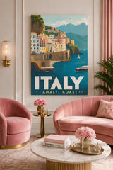 Italy Amalfi Coast Vintage Canvas Wall Art - Retro Coastal Italian Riviera Travel Poster