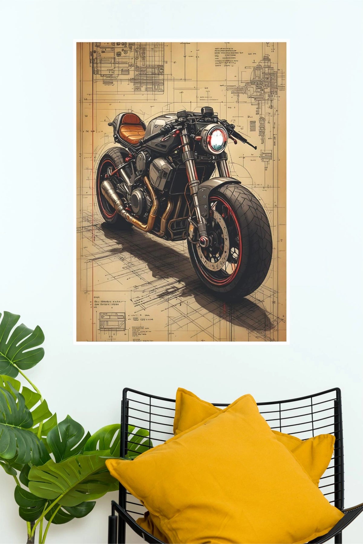Vintage Café Racer Motorcycle Blueprint Wall Poster | Premium Bike Art Print | Paper Poster bike  Poster