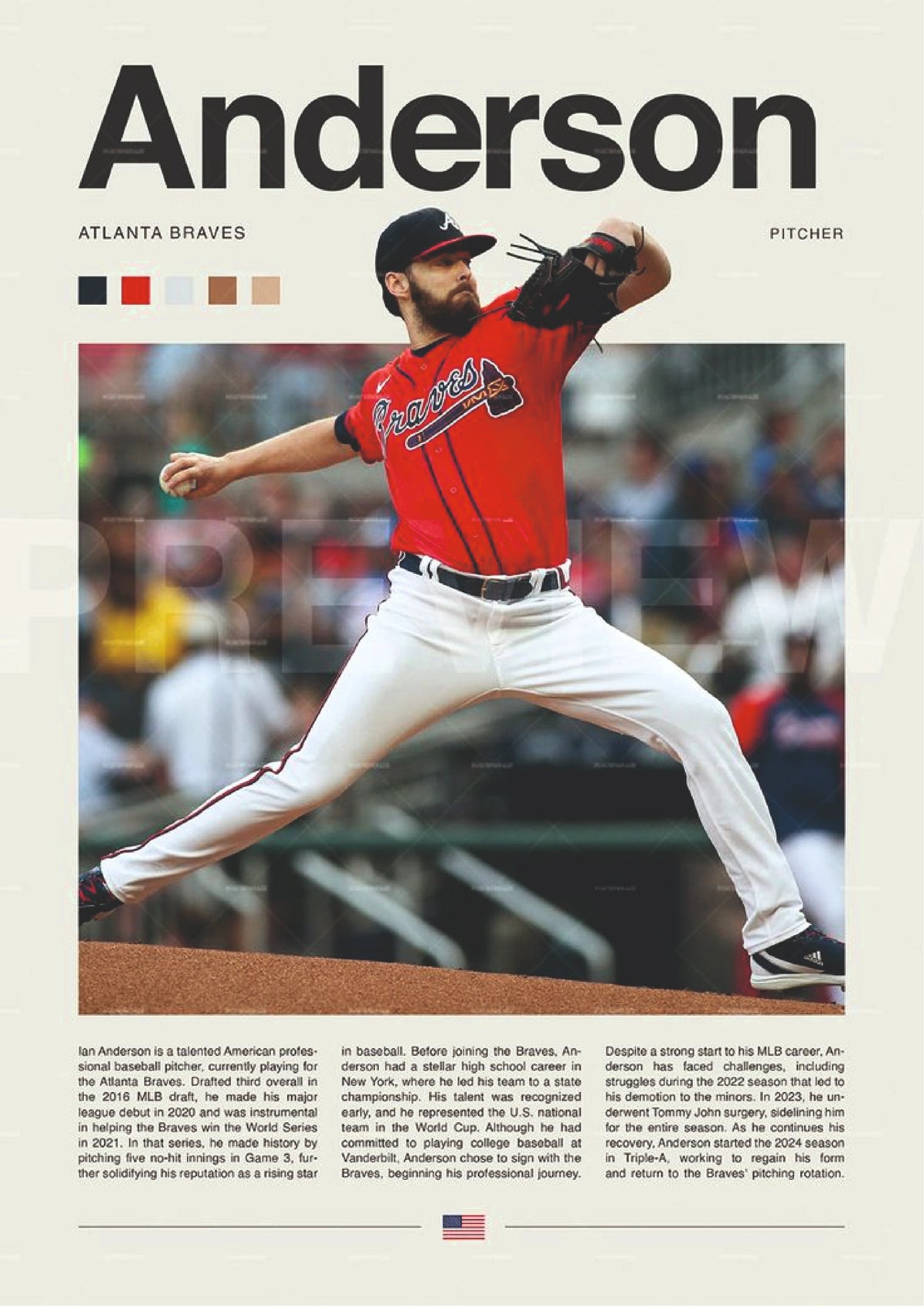 Atlanta Red Jersey Baseball Pitcher Wall Poster  (baseball poster)
