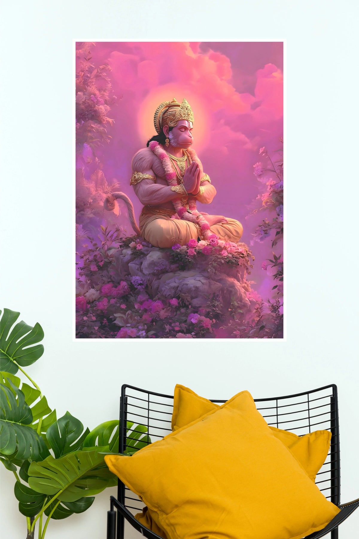 Bhakti in Bloom – Meditating Lord Hanuman Floral Wall Poster   (God Poster )