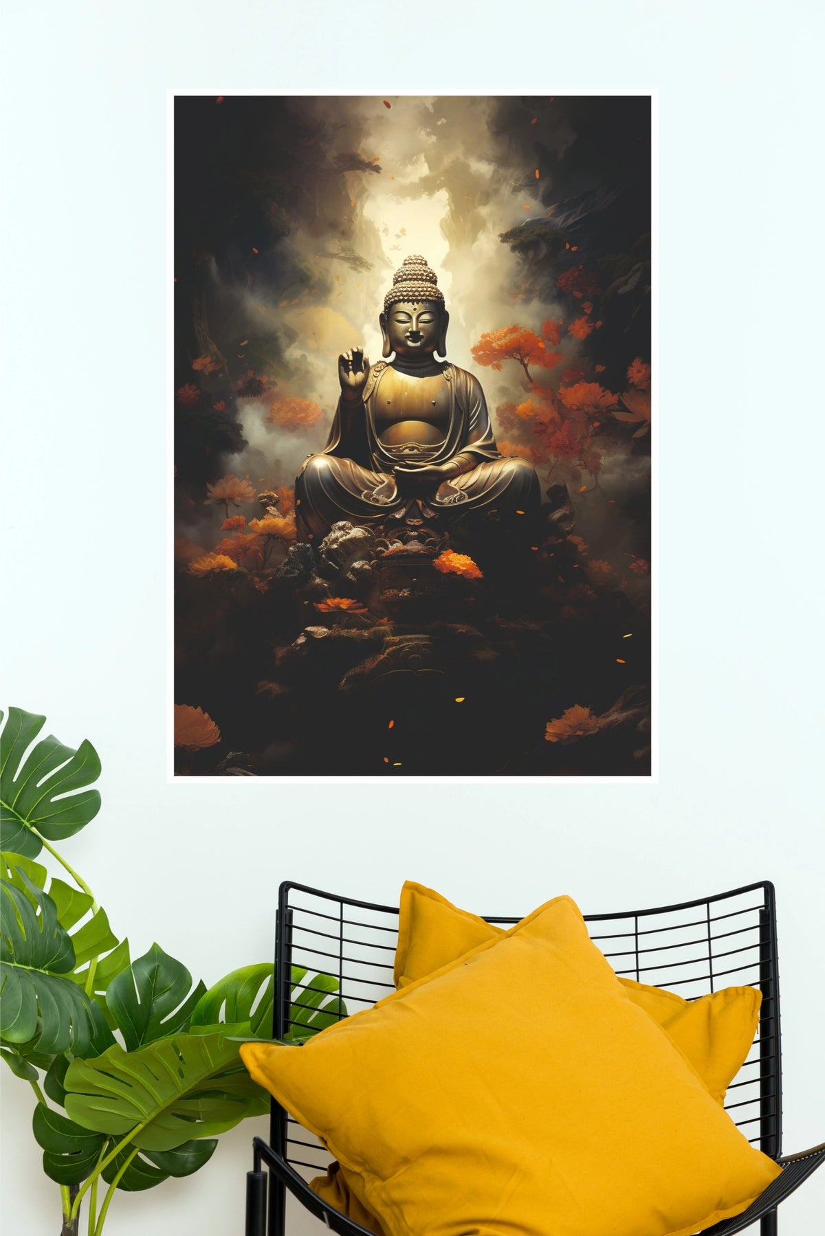 Golden Abhaya Buddha in Mystic Autumn Forest Wall Poster   (God Poster )