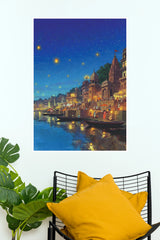 Varanasi Ganga Ghats Starry Night Spiritual Wall Poster (God Poster )