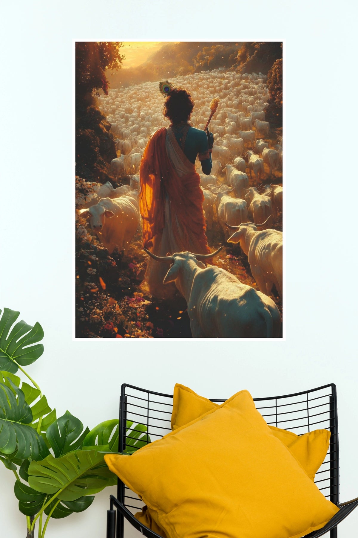 Ghanshyam Gopal Krishna with Cows Divine Pastoral Wall Poster (God Poster )