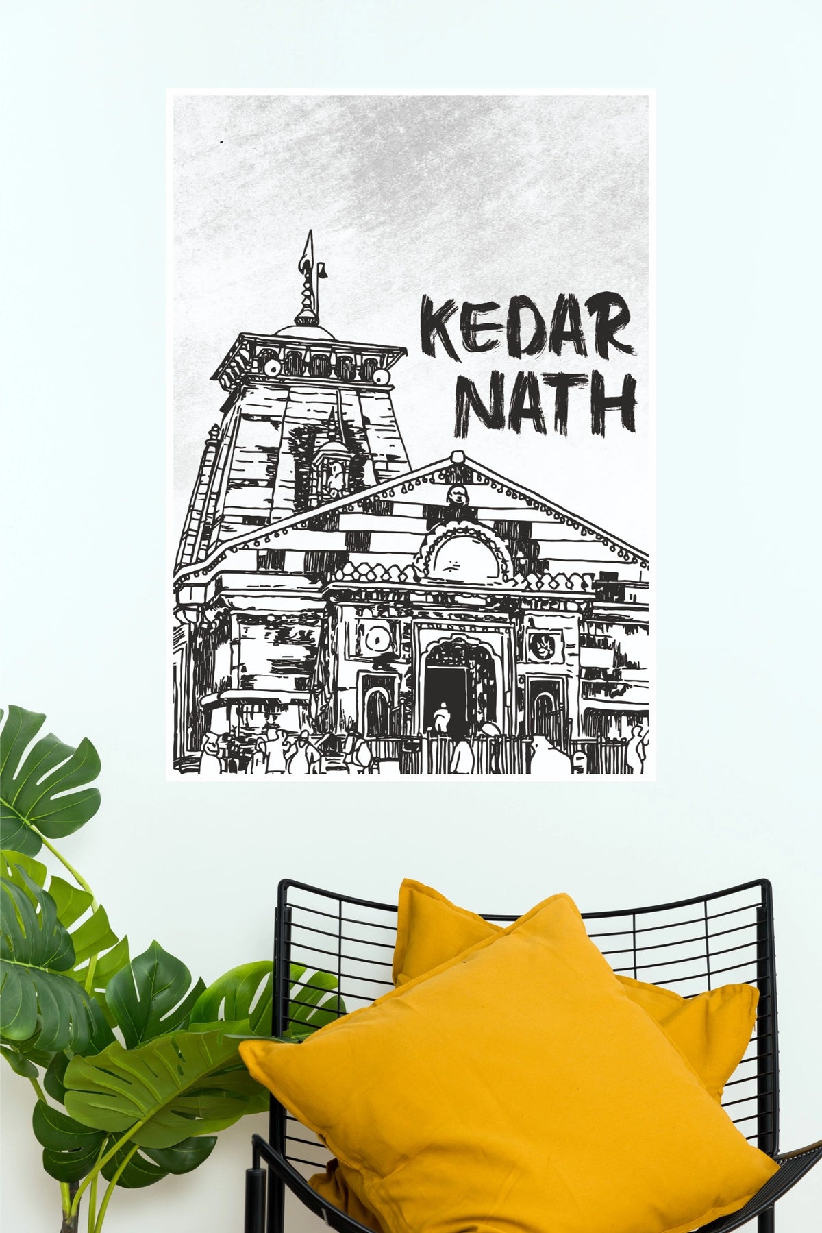 Kedarnath Temple Sketch – Minimalist Black & White Spiritual Wall Poster  (God Poster )
