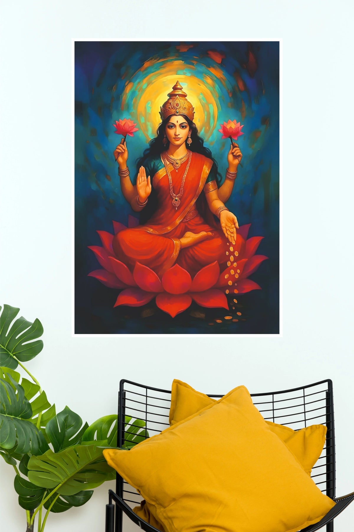 Maa Lakshmi Goddess of Wealth Wall Poster | Lakshmi Mata Lotus Spiritual Art Print  (God Poster)