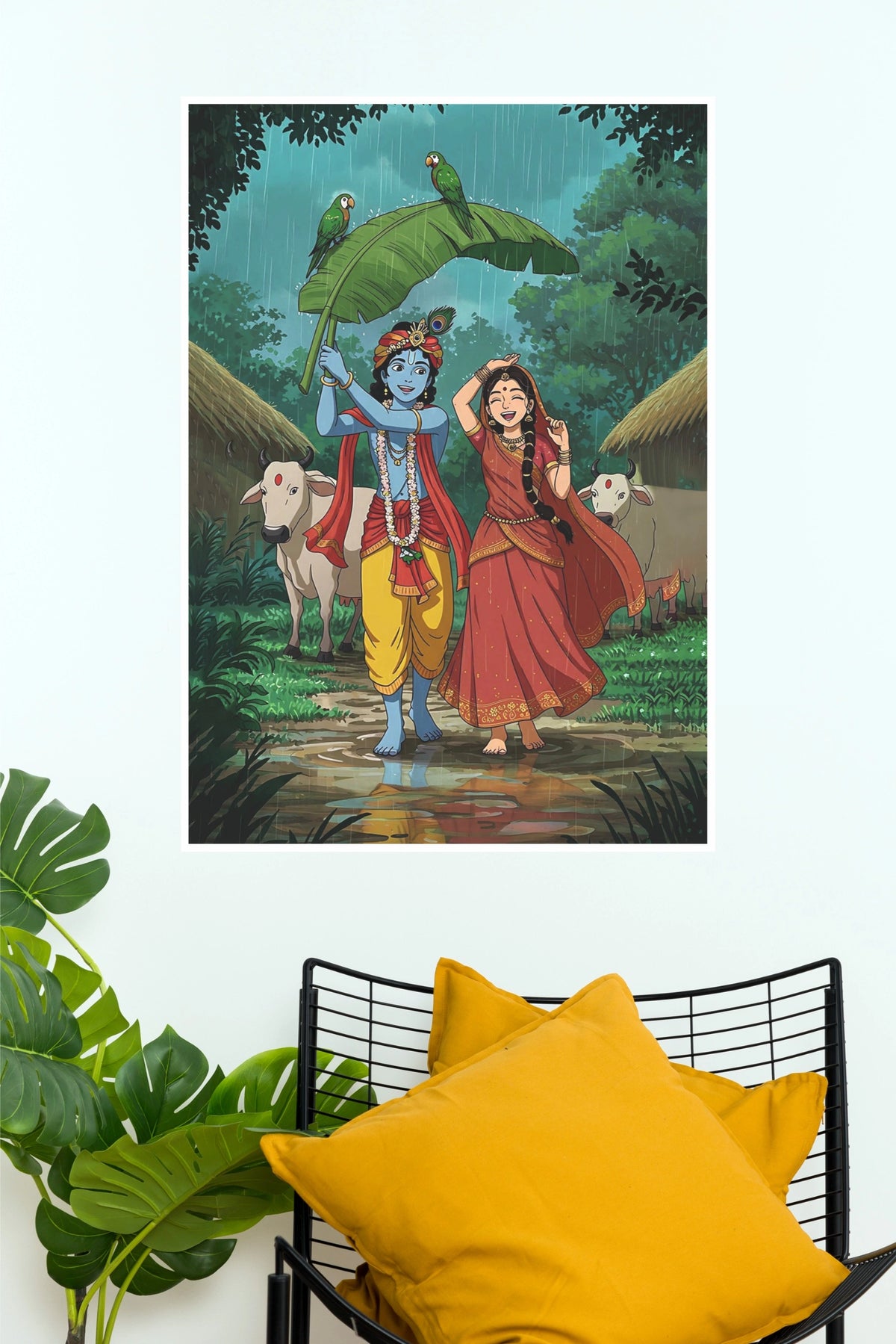 Radha Krishna Monsoon Wall Poster | Shri Krishna & Radha Rainy Season Devotional Art (God Poster)