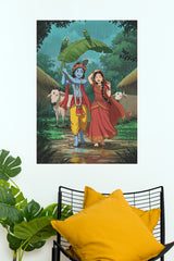 Radha Krishna Monsoon Wall Poster | Shri Krishna & Radha Rainy Season Devotional Art (God Poster)