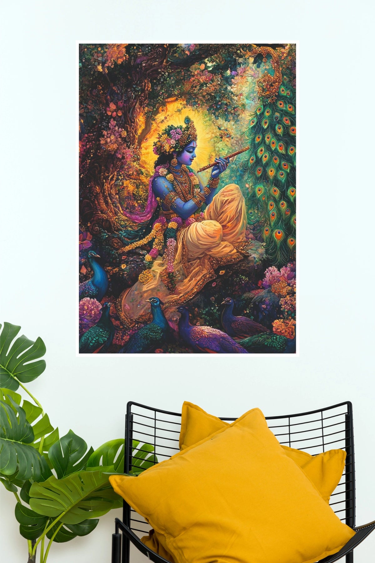 Lord Krishna Playing Flute with Peacock Poster | Spiritual Wall Art  (God Poster)