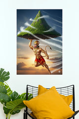Lord Hanuman Carrying Mountain Poster | Bajrangbali Devotional Wall Art  (God Poster )