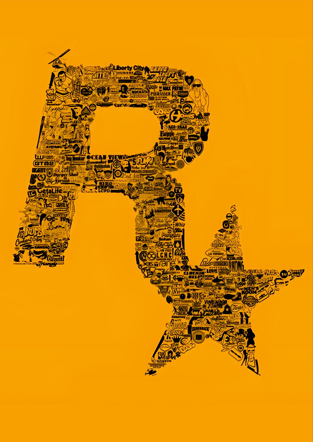 Rockstar Games Star Collage Poster | Orange Gaming Wall Art (Game Poster)
