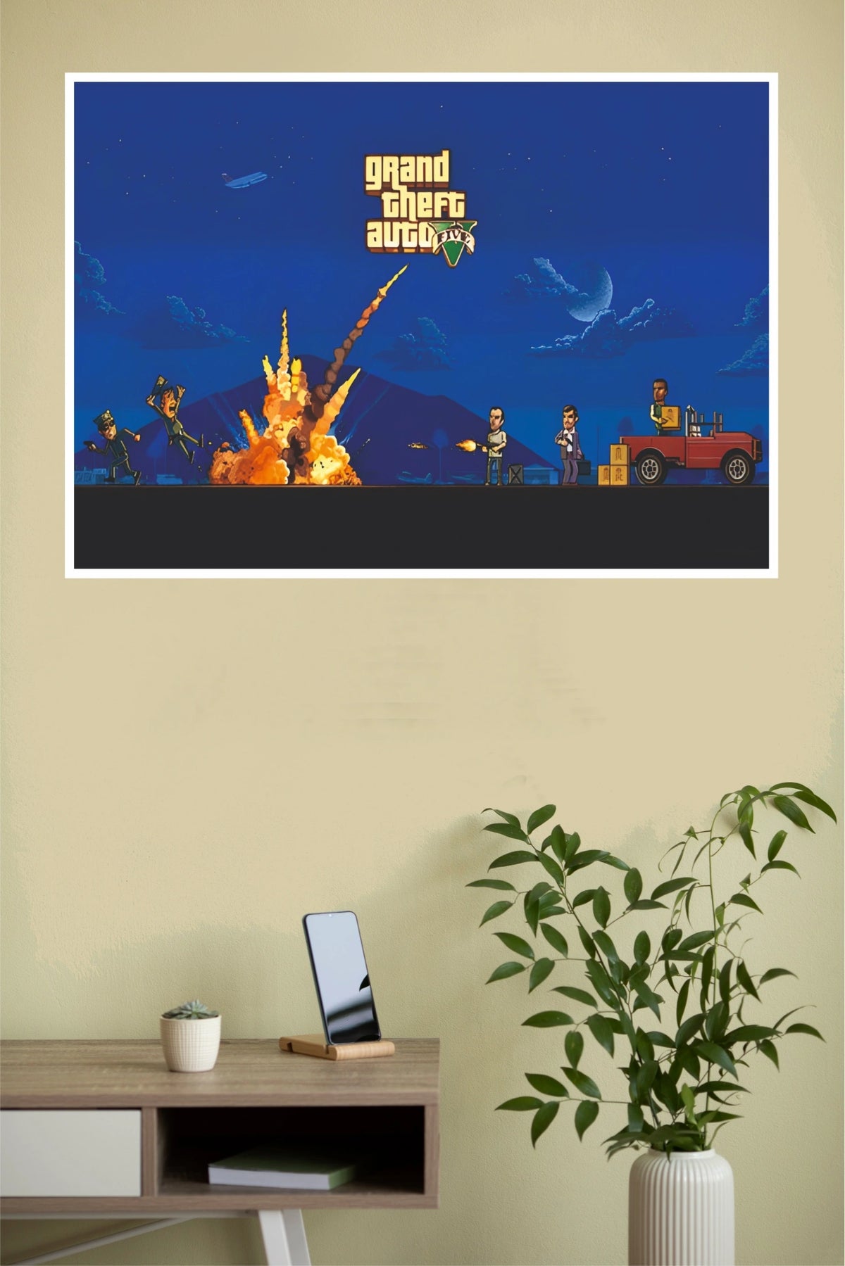 Grand Theft Auto V Retro Pixel Explosion Wall Art Poster (Game Posters)